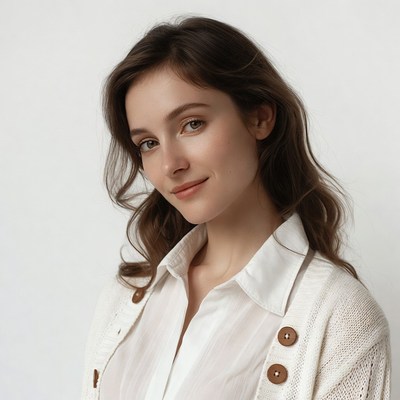 Young woman in white blouse smiling