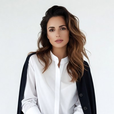 Woman in white shirt and black cardigan