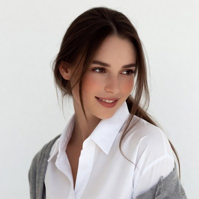 Woman in white shirt and gray cardigan