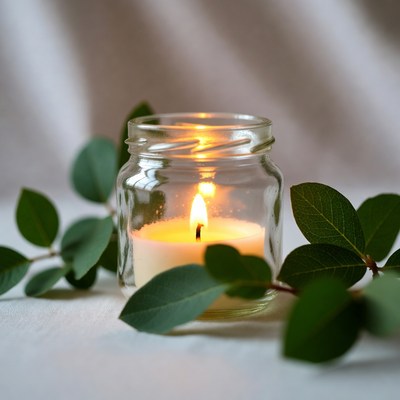 Candle in Jar with Eucalyptus Leaves