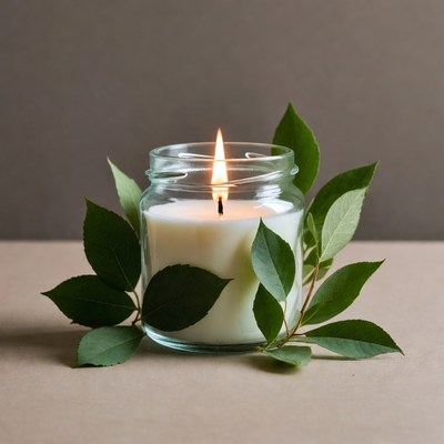 Lit Candle Surrounded by Green Leaves