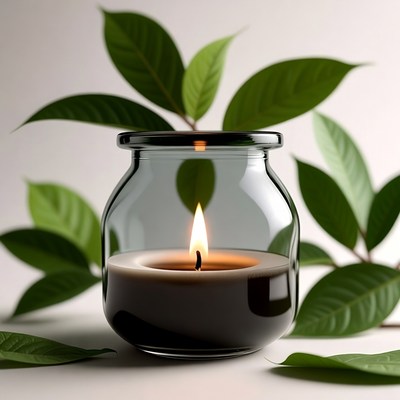 Candle in Jar Surrounded by Leaves