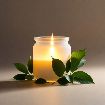 Lit Candle Jar with Green Leaves