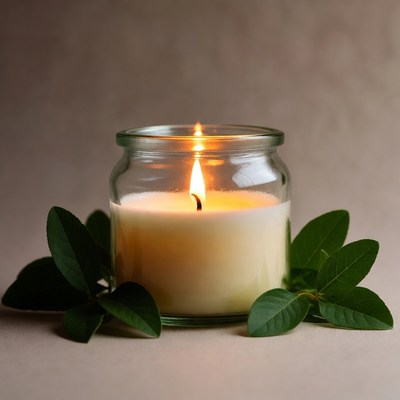 Lit Candle in Glass Jar with Leaves
