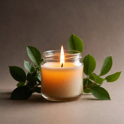 Lit Candle with Green Leaves