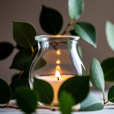Candle in Glass Jar with Green Leaves
