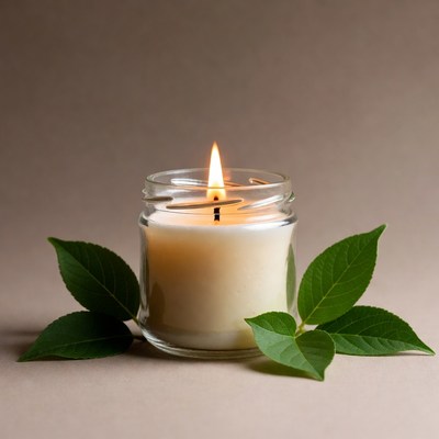 Lit Candle with Green Leaves