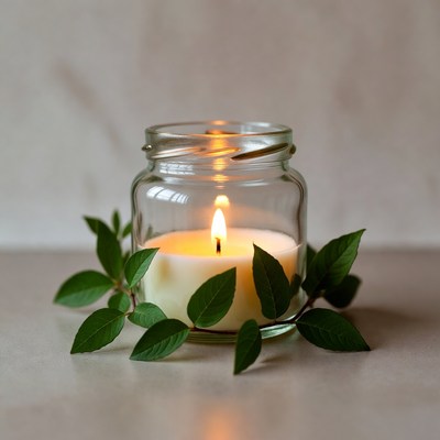 Candle in Jar with Green Leaves