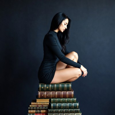 Woman sitting on stack of books