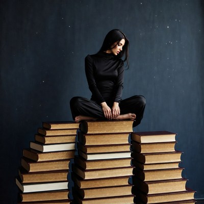 Woman sitting on stack of books