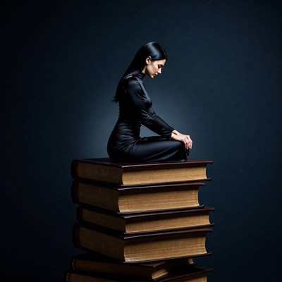 Woman meditating atop stack of books