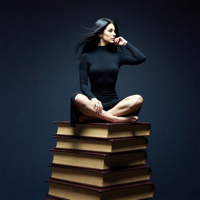 Woman sitting on stack of books