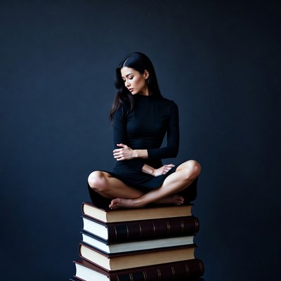 Asian woman sitting on stack of books