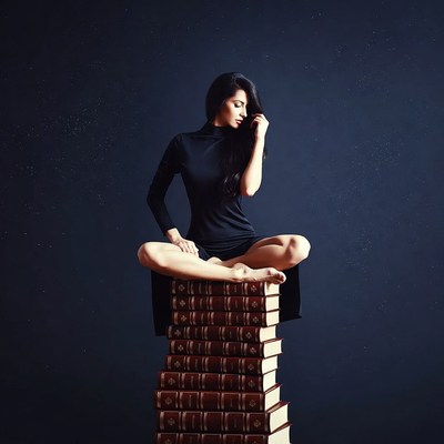 Woman sitting on stack of books