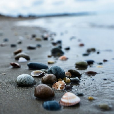 Colorful shells and pebbles on beach