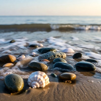 Seashells and pebbles on beach