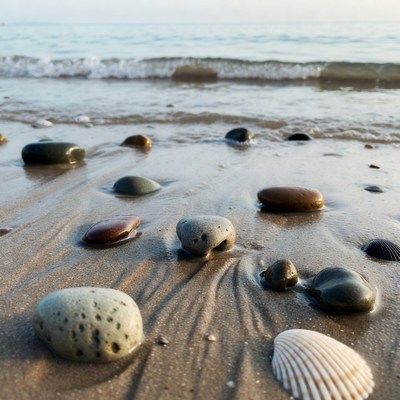 Colorful pebbles and shells on beach