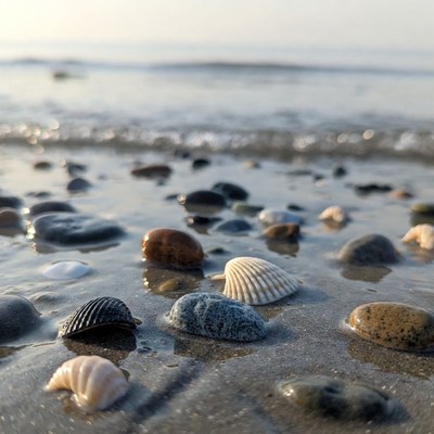 Seashells and pebbles on beach