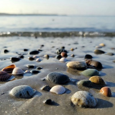 Colorful shells and pebbles on beach