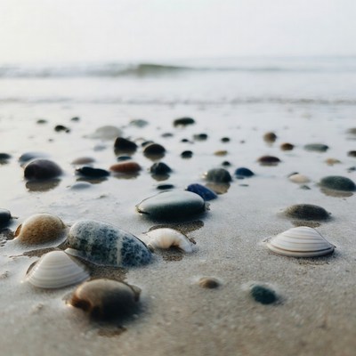 Colorful shells and pebbles on beach