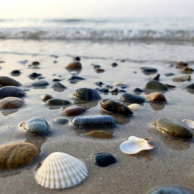 Colorful pebbles and seashells on beach
