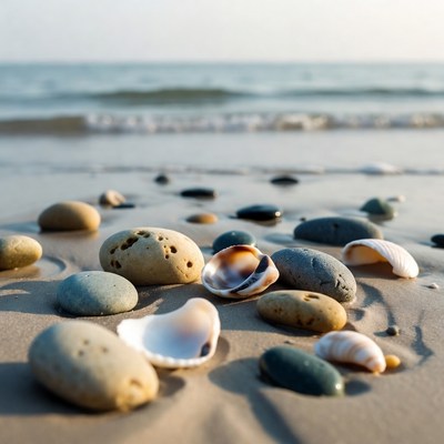 Seashells and pebbles on beach