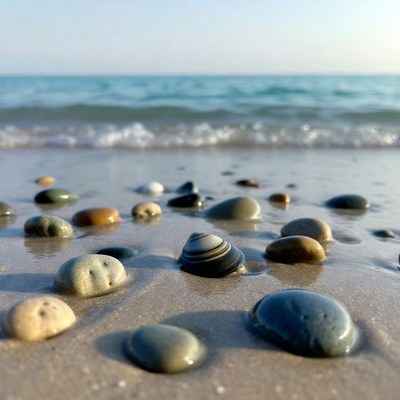 Colorful pebbles and seashell on beach
