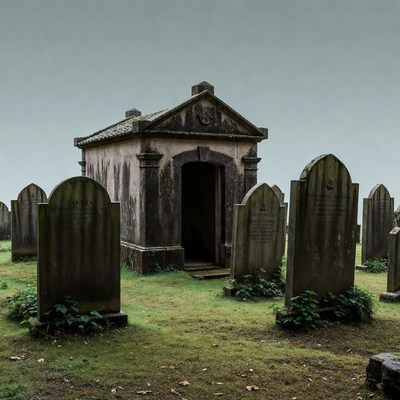 Old Mausoleum in Foggy Cemetery