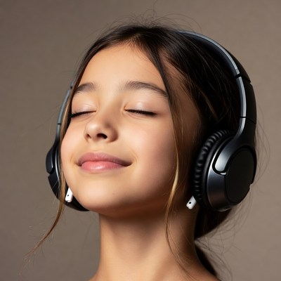 Asian girl listening with headphones