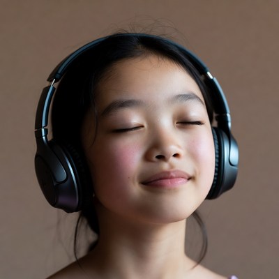 Asian girl listening with headphones