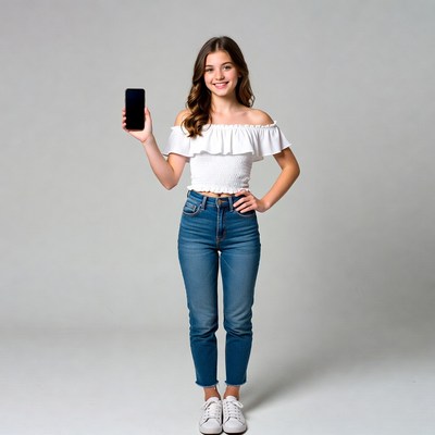 Teen girl holding blank smartphone