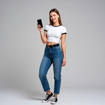 Smiling woman holding smartphone