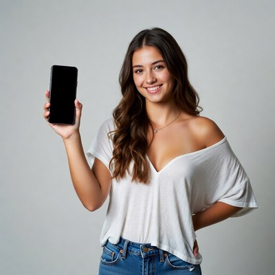Young woman holding blank smartphone