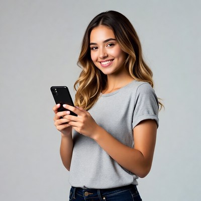 Smiling woman using smartphone