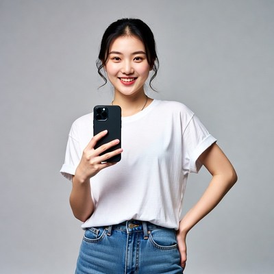 Asian woman taking selfie with iPhone