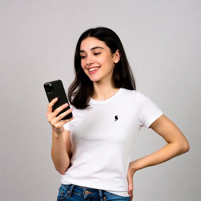 Young woman smiling at smartphone
