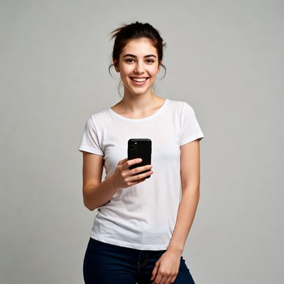 Smiling woman holding smartphone