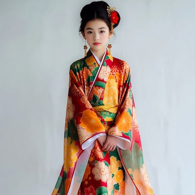 Young Asian girl in red kimono