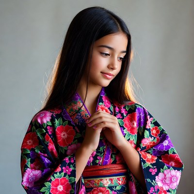 Young Asian girl in pink floral kimono