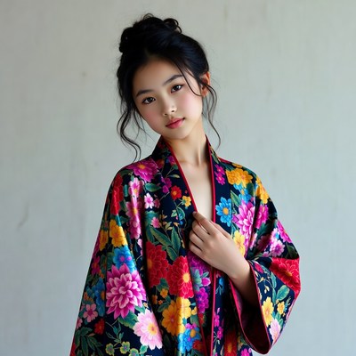 Asian girl in colorful floral kimono