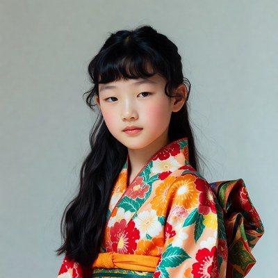Young Asian girl in colorful kimono