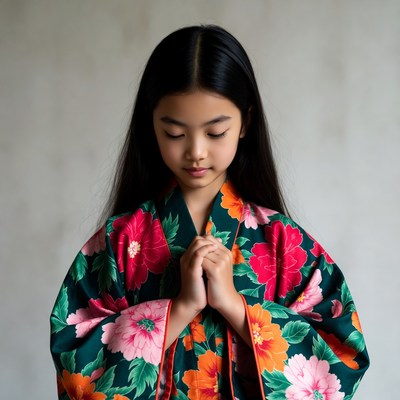 Asian girl praying in kimono