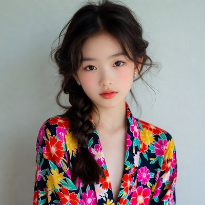 Asian woman in floral kimono