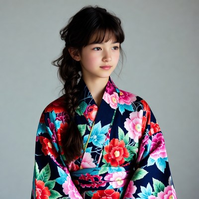 Asian girl in colorful floral kimono
