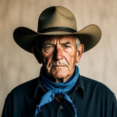Elderly cowboy wearing hat and bandana