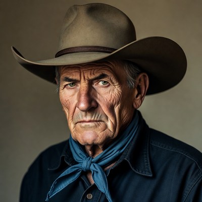 Elderly cowboy wearing hat and bandana