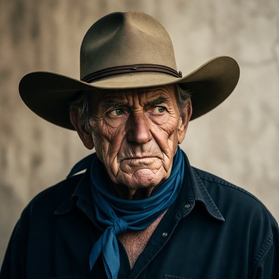 Elderly cowboy wearing hat and bandana
