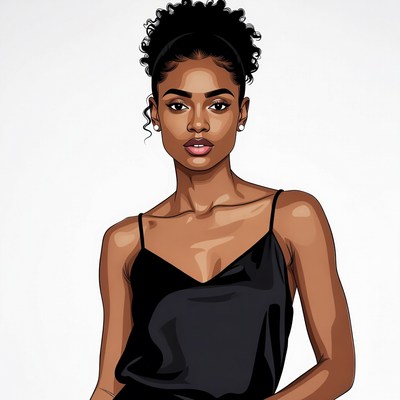 African-American woman in black slip dress