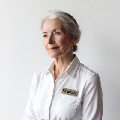 Elderly receptionist woman with name badge