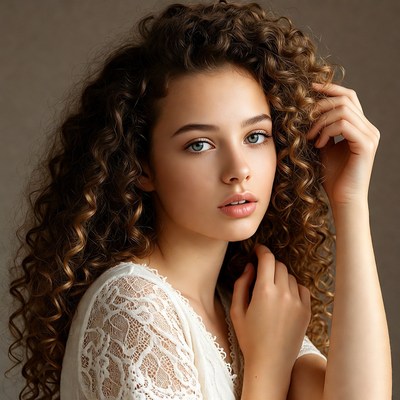 Woman with curly hair touching face